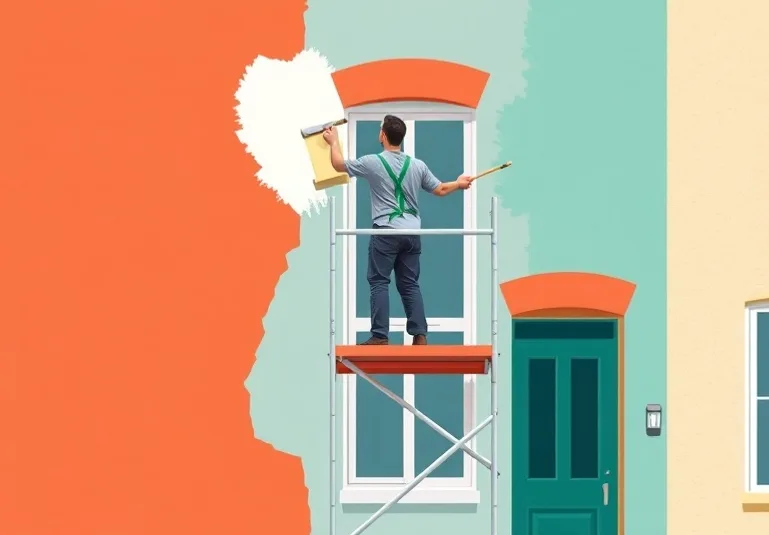 Peintre sur échafaudage traitant la façade d'une maison