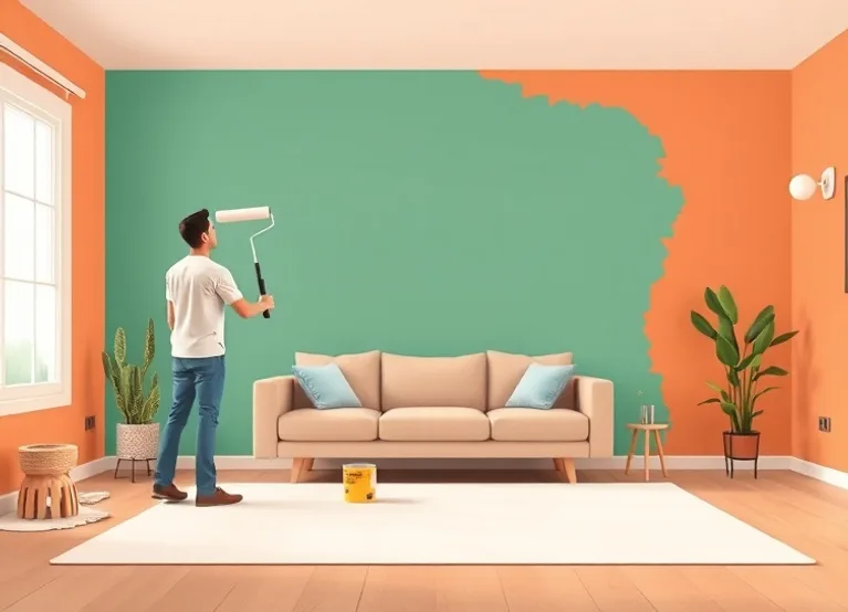 Peintre appliquant la peinture au rouleau sur un mur de salon